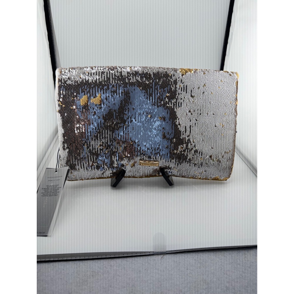 BCBGMAXAZRIA Clutch Bag Womens OS Silver Gold Reversible Sequin Foldover Zip New